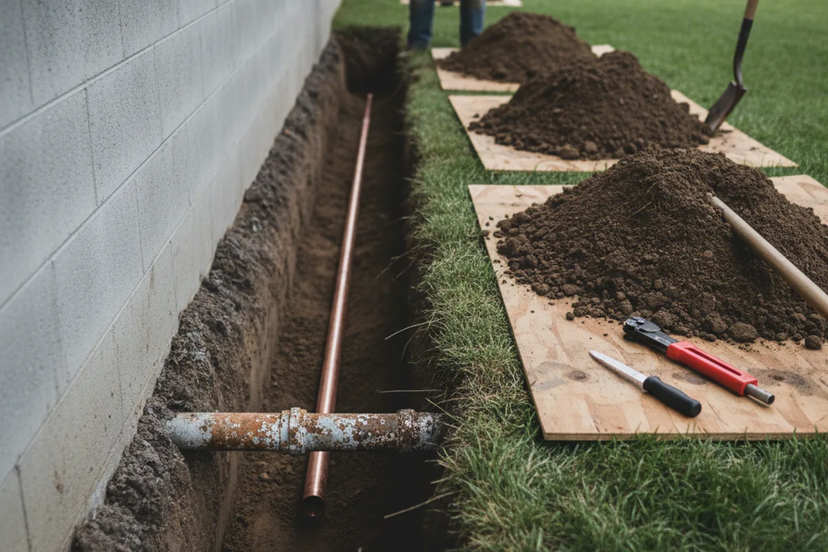 Excavated water line trench during Water Softener Installation in College Park